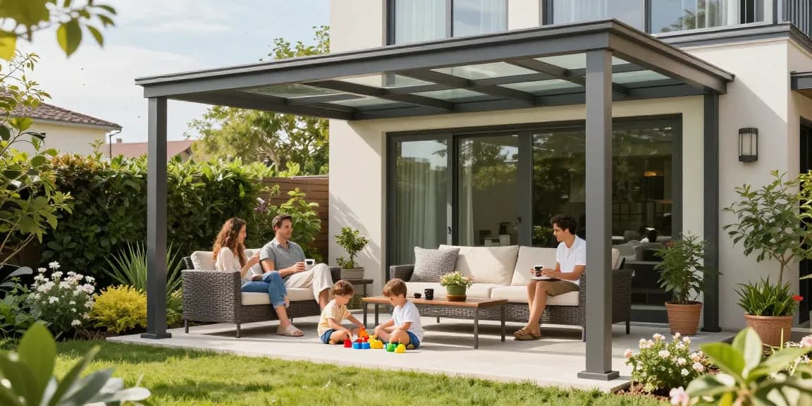 Familie unter einer Terrassenüberdachung genießend bei sonnigem Wetter in einem schönen Garten.