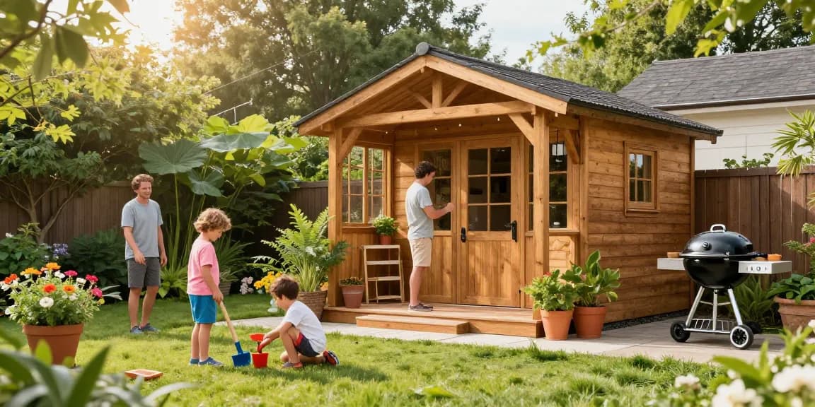 Gartenhaus kaufen – modernes Gartenhaus im idyllischen Garten mit spielenden Kindern und strahlendem Sonnenschein.