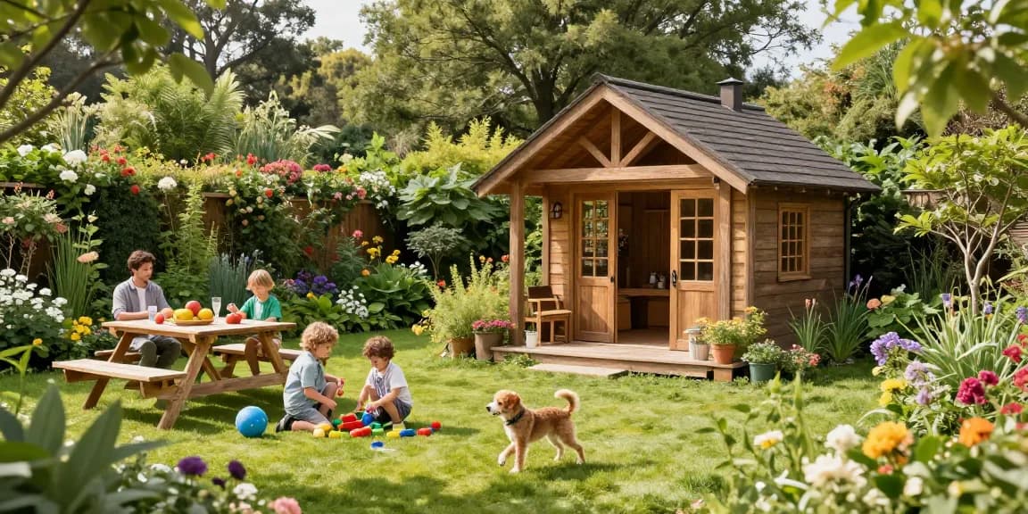 Ein Gartenhaus von McGarden24 umgeben von bunten Blumen, während eine Familie entspannt und spielt, ideal für Gartenhöhlen und Freizeitaktivitäten.