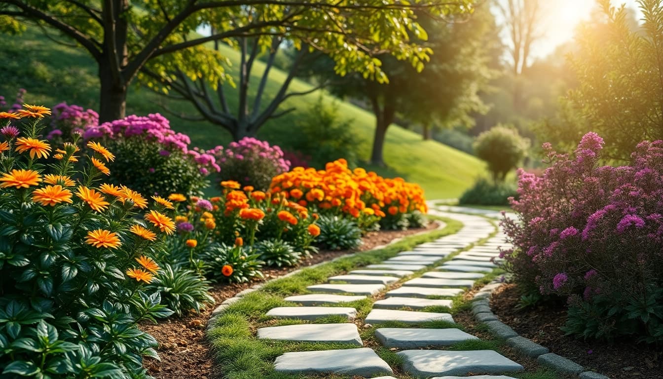 Garten und Landschaftsbau mit einer harmonischen Gartenlandschaft und bunten Pflanzen.