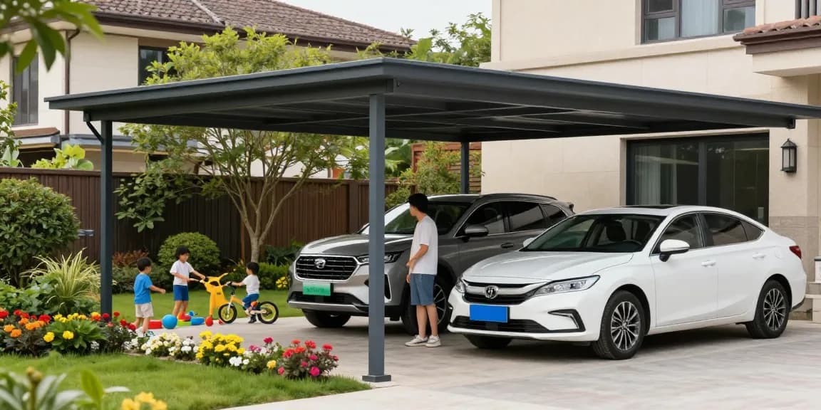 Ein moderner Carport schützt Autos vor Witterungseinflüssen in einem einladenden Garten.